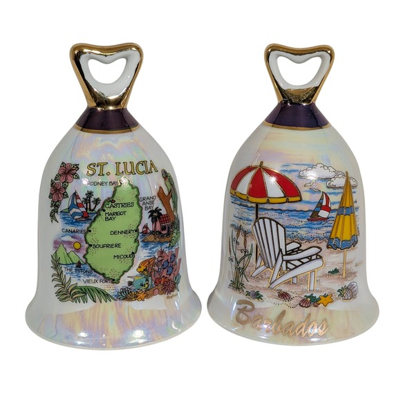 Set of 2 Collectible 4.5" St. Lucia & Barbados Islands Souvenir Porcelain Bells - Picture 1 of 5